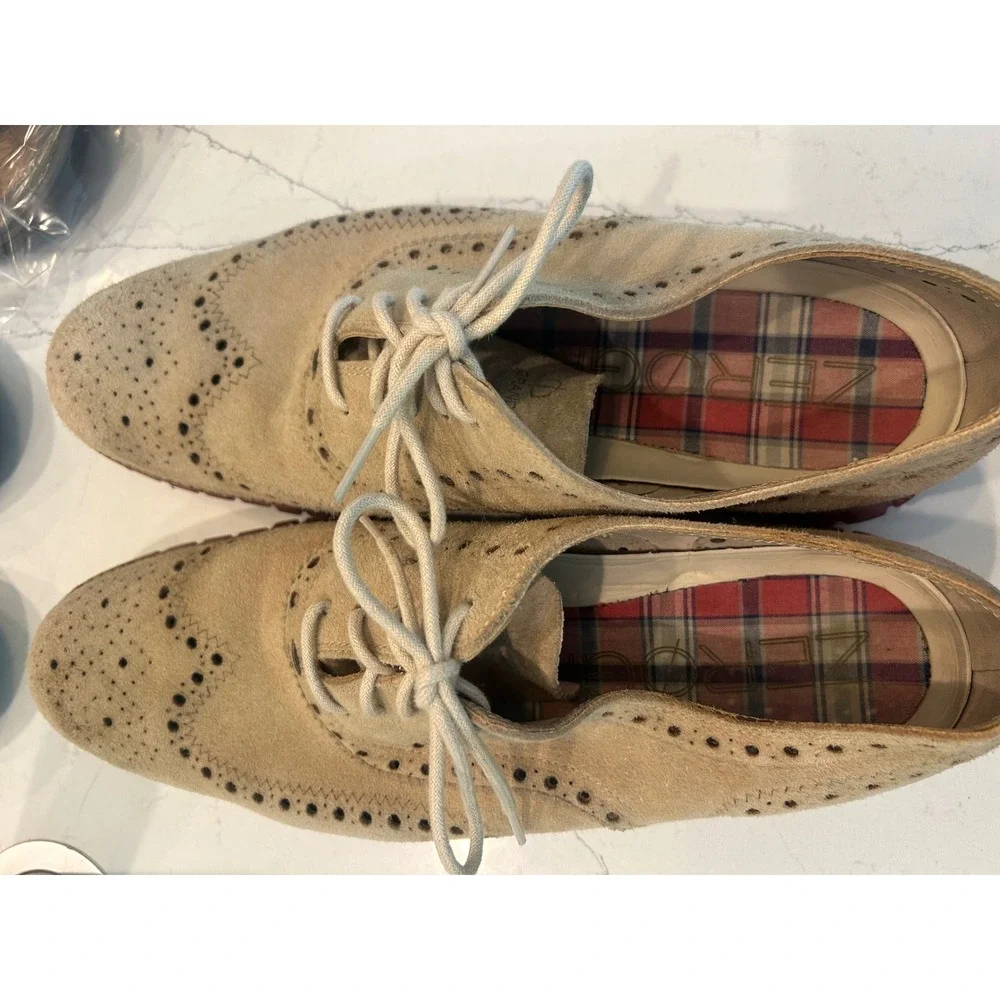 Cole‎ Haan Zerogrand Wingtip Oxfords Tan Suede Brogue Brick Red Sole Mens Shoes